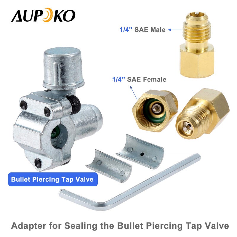 Aupoko مجموعة إعادة شحن فريون الثلاجة Aupoko A/C R134A مع 2 صمامات ثقب رصاصية، صنبور ثقب R134A، محول دوار مستقيم R410A، 2 محولات 1/4 بوصة مع قلب صمام - Image 5